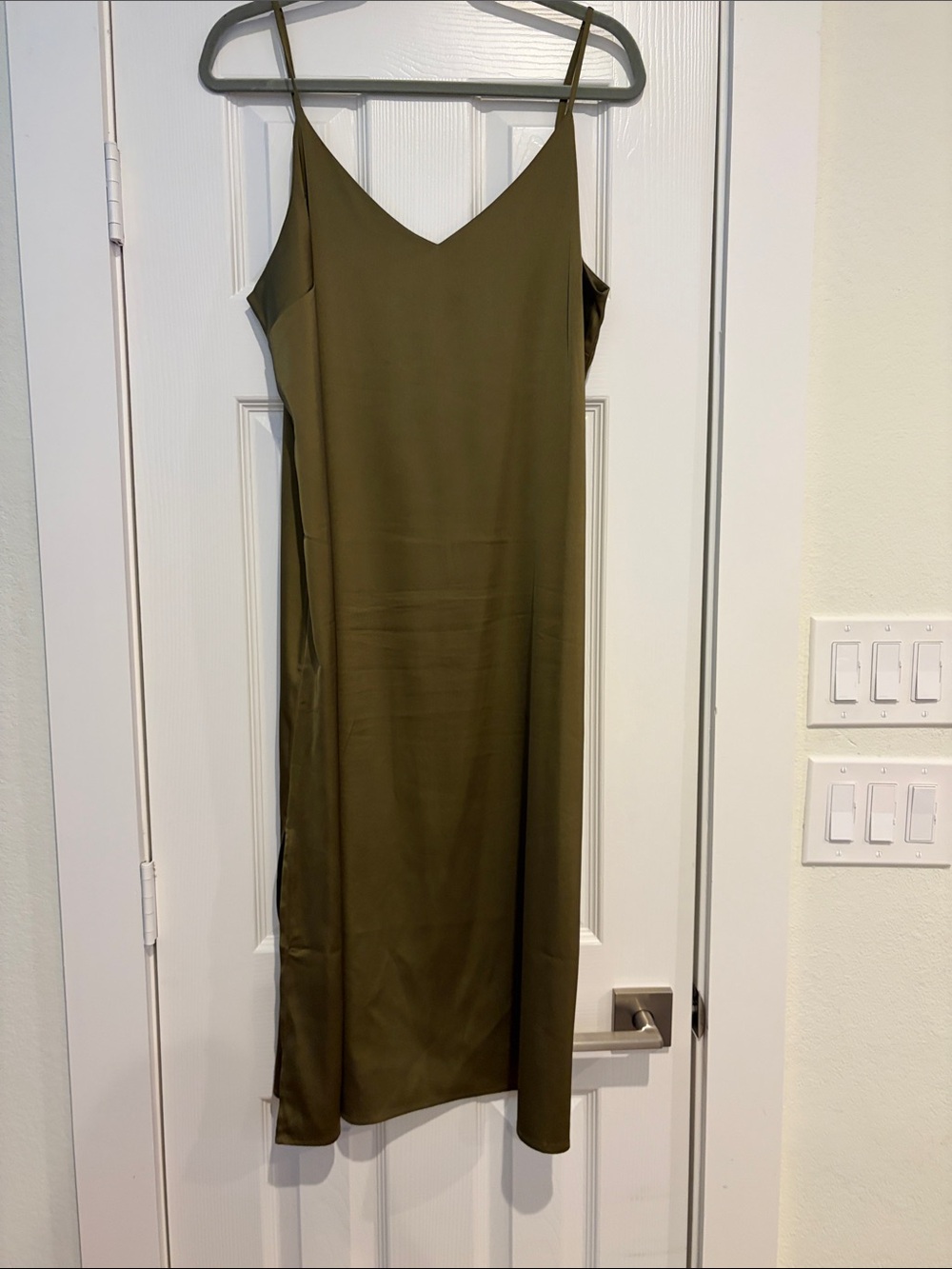 Minimal Olive Slip Midi Dress with Spaghetti Straps